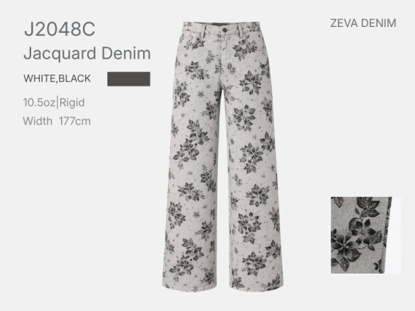 Jacquard Denim Fabric With Botanical Flower DesignBaggy Jean Black White