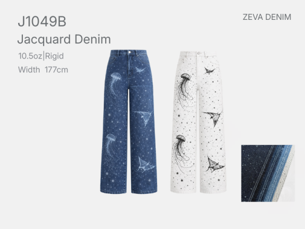 Jacquard Denim Fabric With Ocean Deep Sean Pattern Design for Baggy Jean