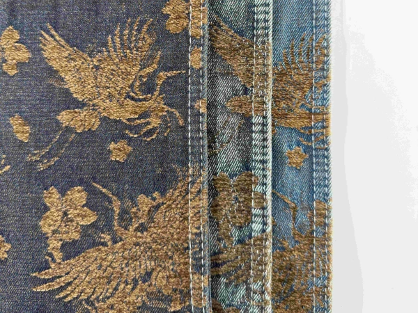 Elegant Ascending Crane Pattern Design in Flocking Jacquard Denim_