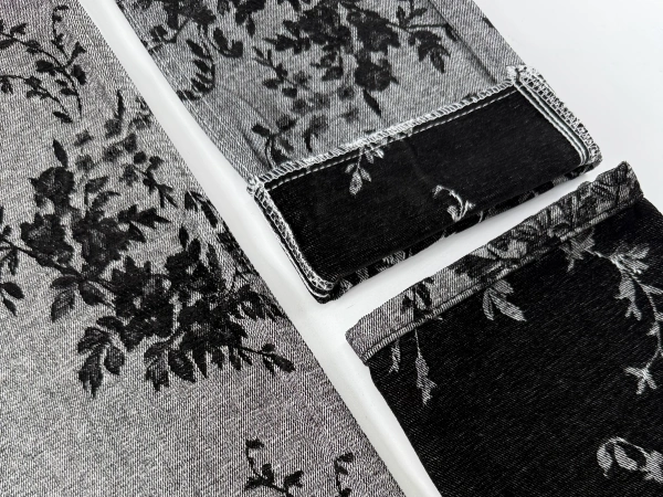 Before and after wash comparison of floral chenille jacquard denim fabric showing texture evolution