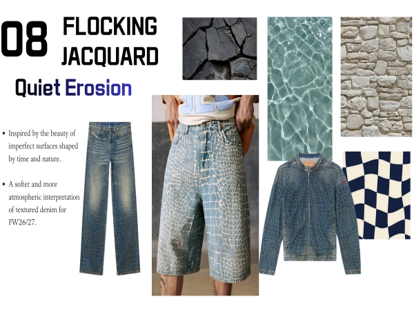Quiet Erosion textured denim trend analysis featuring erosion-inspired chenille jacquard denim for FW2627 collections.