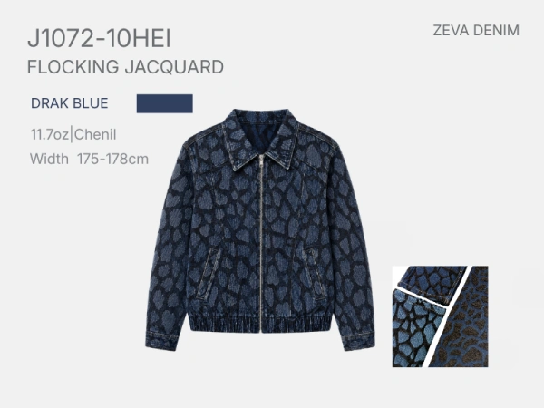 Textured denim jacket made from chenille jacquard denim with organic erosion-inspired pattern.
