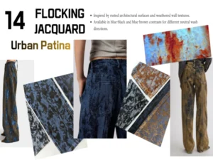 Urban Patina flocking jacquard denim inspired by rusted architectural surfaces and weathered wall textures_
